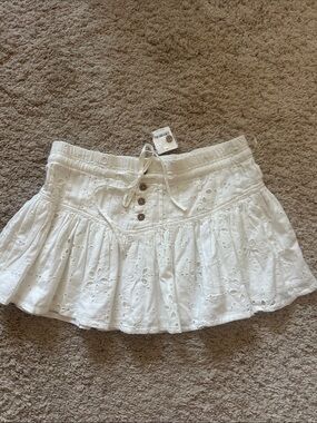 Free People White Eyelet Tiered Mini Skirt with Button & Drawstring Sz L NWT